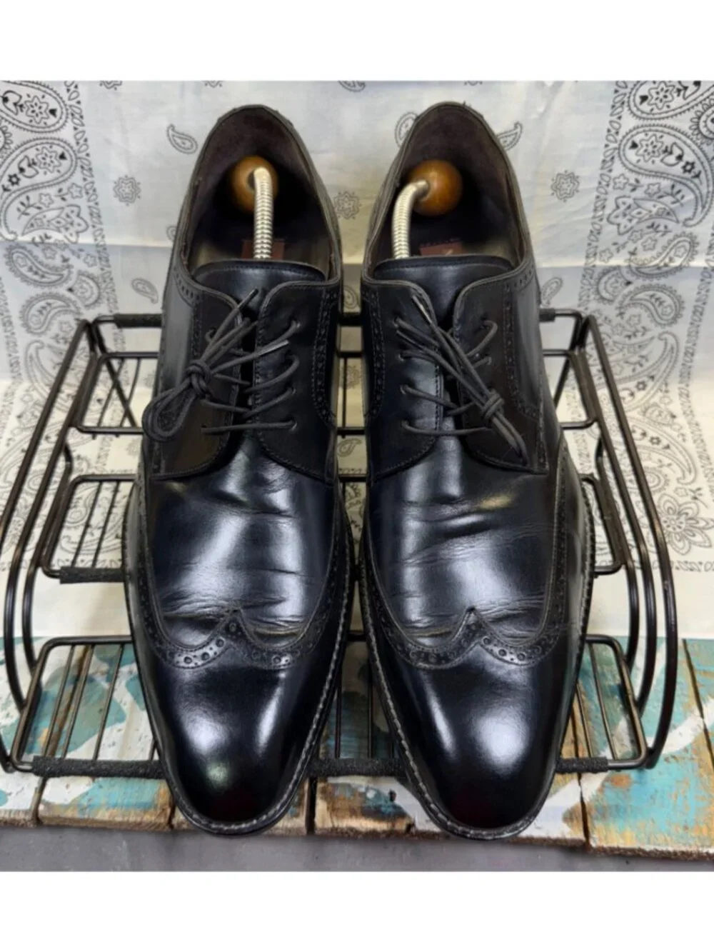 Mezlan Brogue Wing Tip Saddle Black Leather Oxford Made in Spain Men's 13M EUC